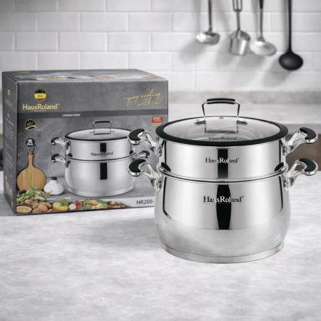 طنجرة تبخير ستانلس ستيل HausRoland HR200-3 مقاس 28 سم مع طبقة تبخير وغطاء زجاج